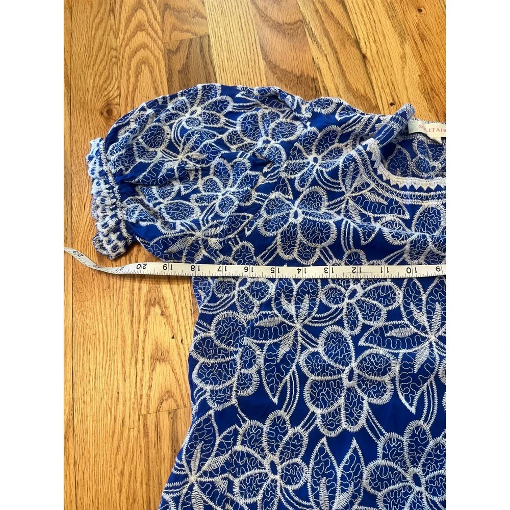 Solitaire Blue White Floral Embroidered Puff Sleeve Blouse Top Medium b1